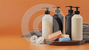 Bottles of shampoo and soap bars on orange background with copy space