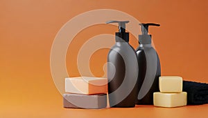 Bottles of shampoo and soap bars on orange background with copy space