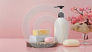 Bottles of shampoo and soap bars on pink background with copy space