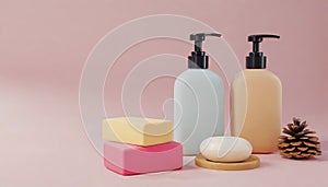 Bottles of shampoo and soap bars on pink background with copy space