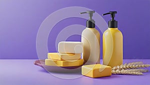 Bottles of shampoo and soap bars on purple background with copy space
