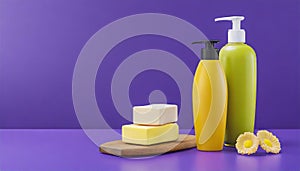 Bottles of shampoo and soap bars on purple background with copy space