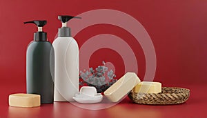 Bottles of shampoo and soap bars on red background with copy space