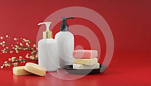 Bottles of shampoo and soap bars on red background with copy space