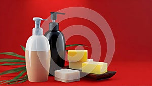 Bottles of shampoo and soap bars on red background with copy space