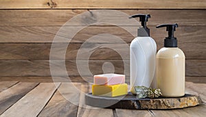 Bottles of shampoo and soap bars on wooden background with copy space