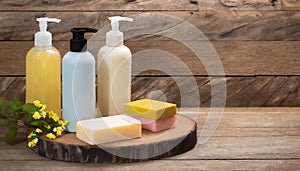 Bottles of shampoo and soap bars on wooden background with copy space