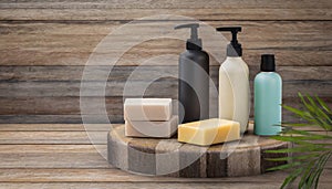Bottles of shampoo and soap bars on wooden background with copy space