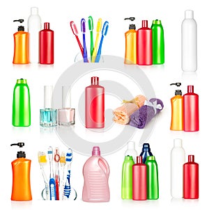 Bottles shampoo, towels, toothbrushes and nail pol