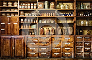 Bottles on the shelf in old pharmacy.