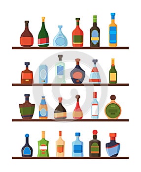Bottles on shelves. Alcoholic drinks vodka liquor rum wine tequila restaurant or bar liquid products in glass bottles