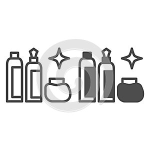 Bottles and shining star line and solid icon, dry cleaning concept, washing agents vector sign on white background