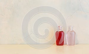 Bottles of shower gel and shampoo