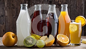 Bottles of soda and juice with lemons and kiwi