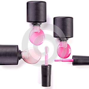 Bottles with spilled nail polish over white background