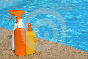 bottles of Suncare or sunscreen products photo