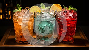 Bottles with tasty drinks in bucket with ice cubes