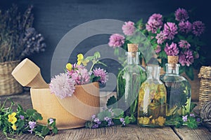 Bottles of tincture or infusion of healthy herbs.