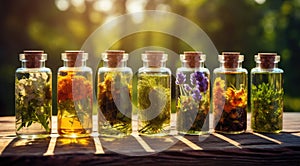 Bottles of tincture or infusion of healthy medicinal herbs and healing plants. Herbal medicine