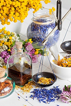 Bottles of tincture, mortar, jar of healthy herbs and scales