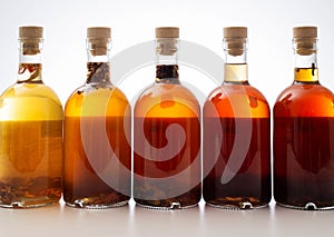 Bottles with transparent brown alcoholic drink on a white background. Homemade herbal tincture of herbal moonshine