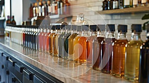 Bottles of various syrups and flad extracts line a countertop adding an array of flavors to the available mixology