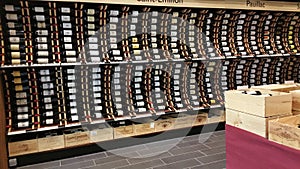 Bottles of vintage wine on display