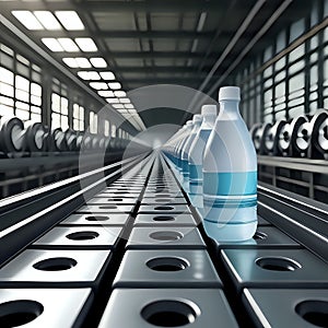 Bottles of water on conveyor belt in factory - generated by ai