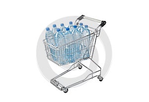 Bottles of water in trolley isolated on white background with clipping path
