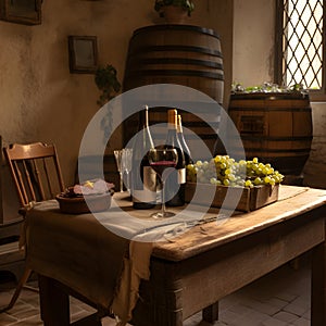 Bottles of wine with a basket of bunches of grapes and a glass of red wine on vintage wooden table in front of window. Cosy winery