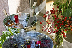 Bottles of wine and beer with ice