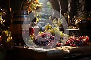 bottles with wine in cellar ,wine production