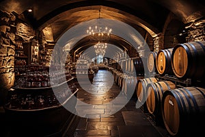 bottles with wine in cellar ,wine production