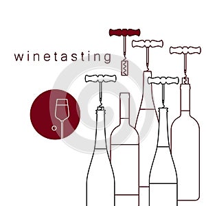 Bottles of wine and a corkscrew with a cork. Vector linear icon of wine tasting.