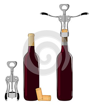 Bottles of wine and corkscrew isolated on white background vector illustration.