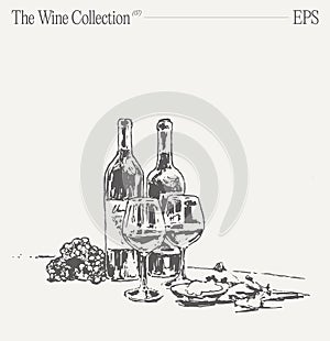 Bottles of wine, glasses and grapes on a table. Hand drawn vector illustration, sketch.