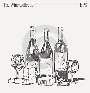 Bottles of wine, glasses and grapes on a table. Hand drawn vector illustration, sketch.