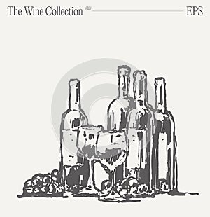 Bottles of wine, glasses and grapes on a table. Hand drawn vector illustration, sketch.