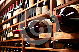 Bottles of wine for sale on shelves of retail shop supermarket