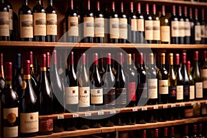 Bottles of wine for sale on shelves of retail shop supermarket