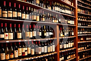 Bottles of wine for sale on shelves of retail shop supermarket