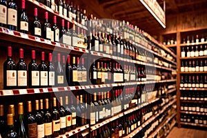 Bottles of wine for sale on shelves of retail shop supermarket