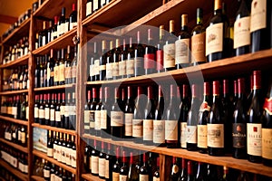 Bottles of wine for sale on shelves of retail shop supermarket