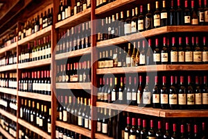 Bottles of wine for sale on shelves of retail shop supermarket