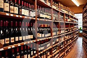 Bottles of wine for sale on shelves of retail shop supermarket