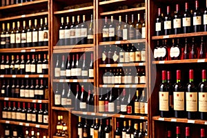 Bottles of wine for sale on shelves of retail shop supermarket