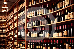 Bottles of wine for sale on shelves of retail shop supermarket