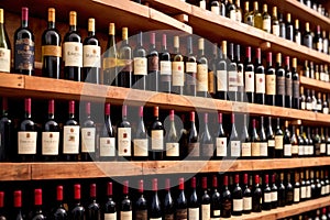 Bottles of wine for sale on shelves of retail shop supermarket