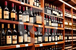 Bottles of wine for sale on shelves of retail shop supermarket