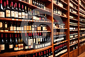 Bottles of wine for sale on shelves of retail shop supermarket